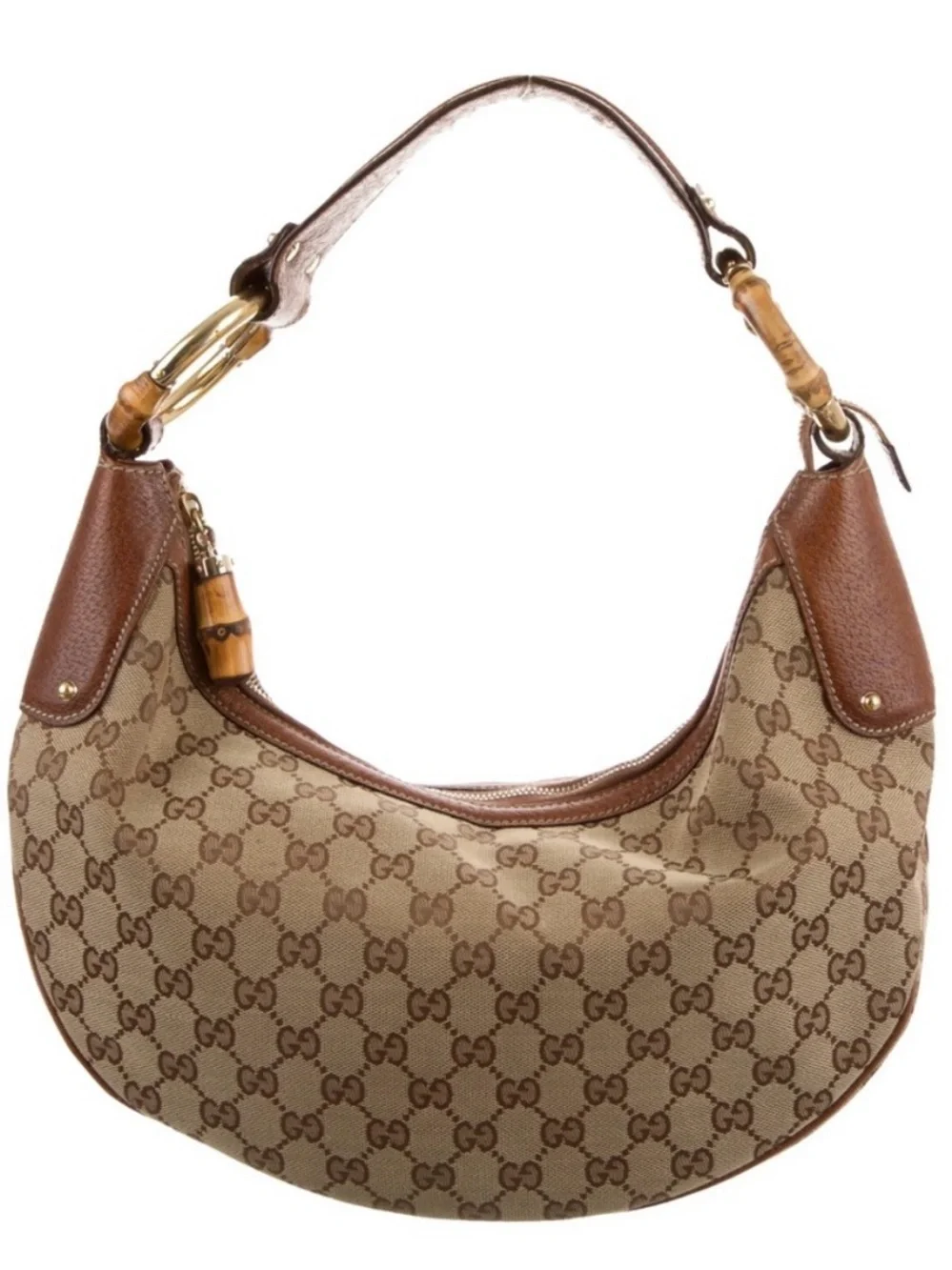 Gucci Beige GG Canvas & Brown Leather Hobo with Bamboo Handles-Vintage